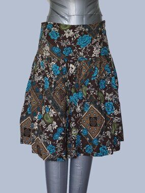 Women's Brown Blue Floral Boho A-Line Skirt Lined Side Zip Petite XS Estimated